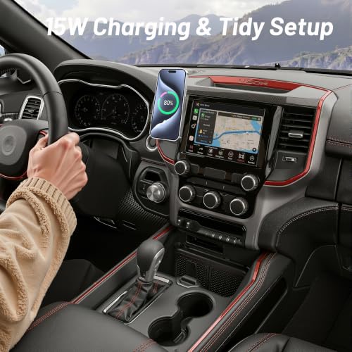 Image of Phone Mount for Dodge Ram 1500 /2500 /3500 (2019-2024, 5 inch & 8.4 inch), 15W Wireless Charger, Magnetic Phone Holder, Dashboard Car Holder,360,Hands-Free, 2022 Truck Driver Essentials(Not for Column Shifter)