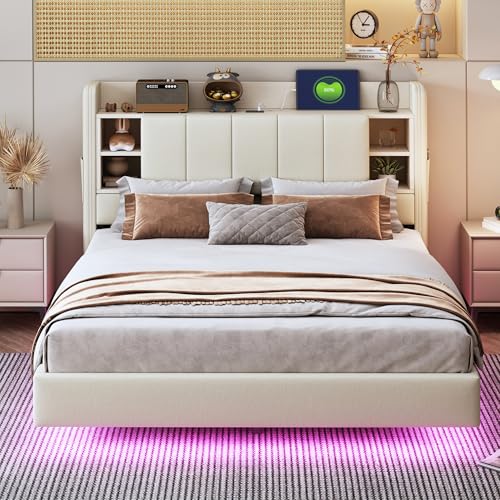 Cama tapizada, cama doble, con enchufe USB y barra de luz, cabecero reversible con compartimentos y estantes con pequeños compartimentos, marco de metal estable, tela de lino, beis, 214,5 x 145 x 114