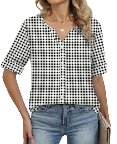 Image of OFEEFAN Button Down Shirts for Women 3 /4 Length Sleeve Tops V Neck Blouses Business Casual Outfits Loose Fit