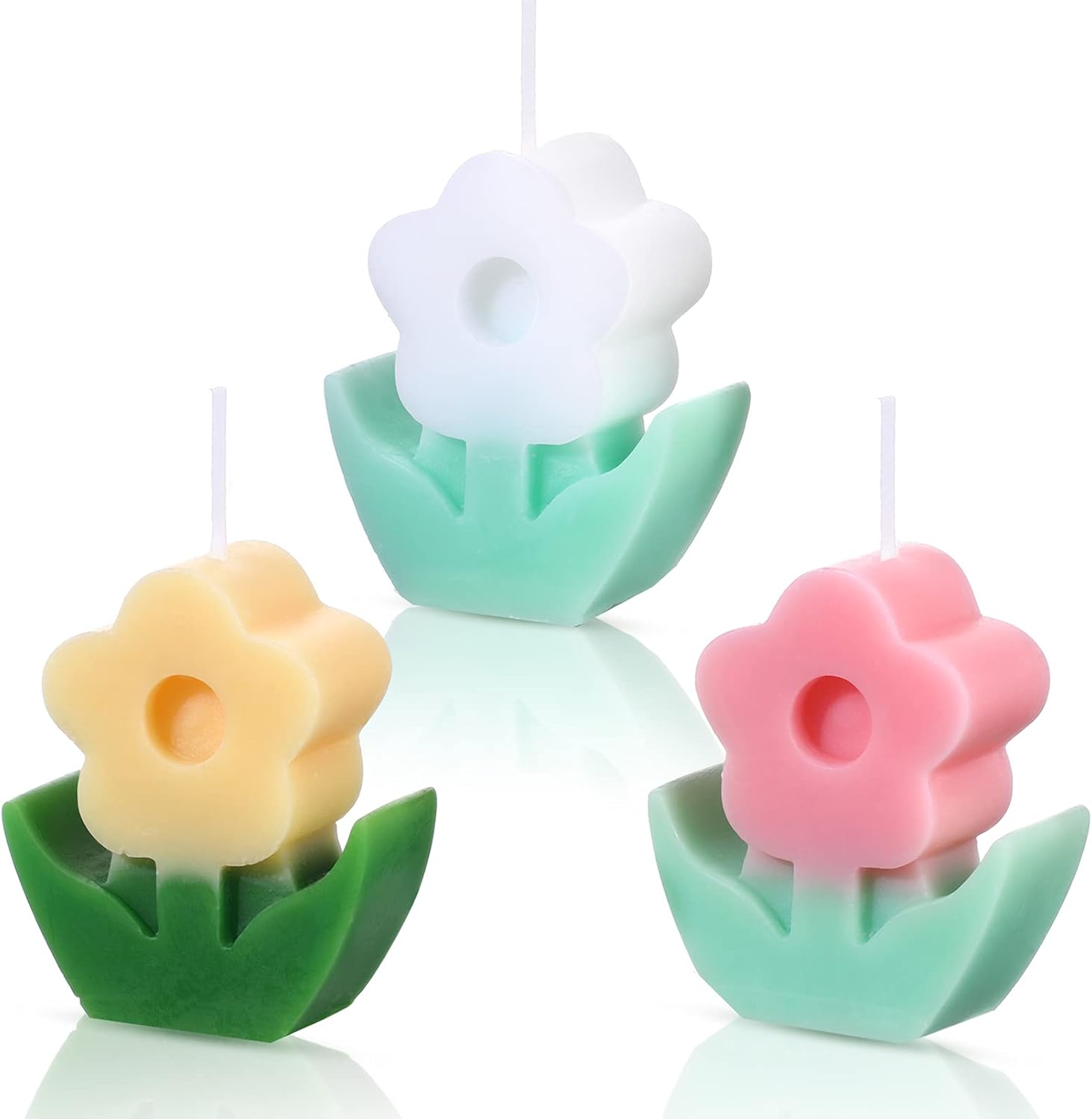 3 Pcs Flower Shaped Scented Candle Set Soy Wax Candle Decor for Table Fireplace Room Aesthetic Cute Gifts for Christmas Women Birthday Anniversary Party Favors(Pink, White, Yellow)