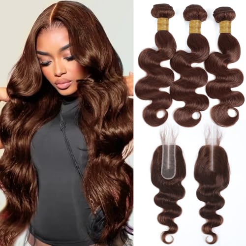 Chocolate Brown Bundles with Closure Human Hair 10 12 14+10