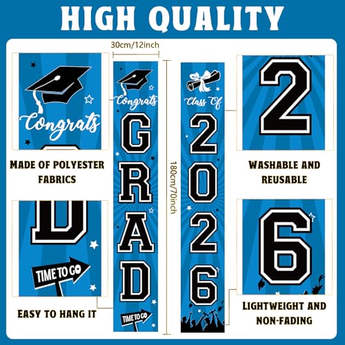 Image of Graduation Banner 2026 Graduation Decorations Blue and Black Grad Banner Porch Sign Class of 2026 Door Decor Congrats Hanging Backdrop Blue Grad Party Decor for School Congratulations Supplies