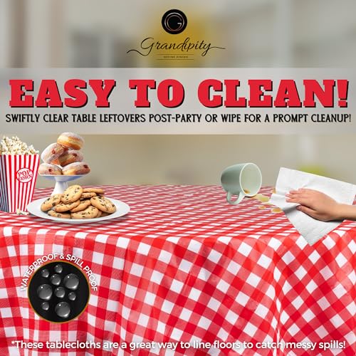 Image of Grandipity Plastic Table Cloth Disposable 12 Pack 84 inch Round Red Gingham | Plastic table covers, durable disposable tablecloths, fade and tear-resistent table cover for party, event