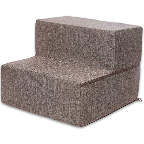 Image of Best Pet Supplies Foldable Pet Steps /Stairs with CertiPUR-US Certified Foam Brown Linen, 2-Steps (H: 12 inch inch) inch (STF242-2)