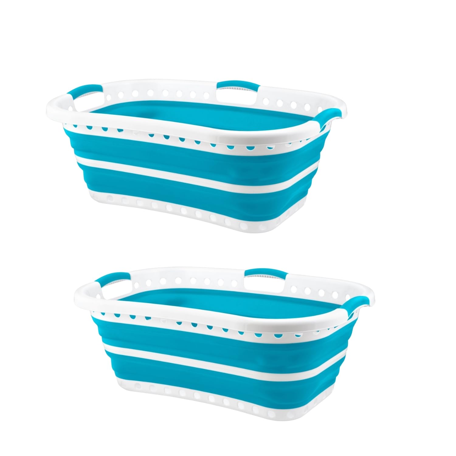 HOMESHOPA Collapsible Laundry Basket, Large Hip Hugger Folding Plastic Silicone Washing Clothes Organiser, Pop Up Clothing Portable Washing Tub Laundry Storage Hamper, 37 Litre (2 Blue)