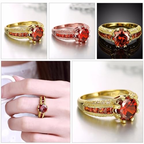 18K Rose Gold/Yellow Gold Plated Shiny Full Diamond Red Garnet Birthstone Red Gemstone Ring Fashion Eternity Engagement Wedding Band Ring Promise Ring for Women ST.2792