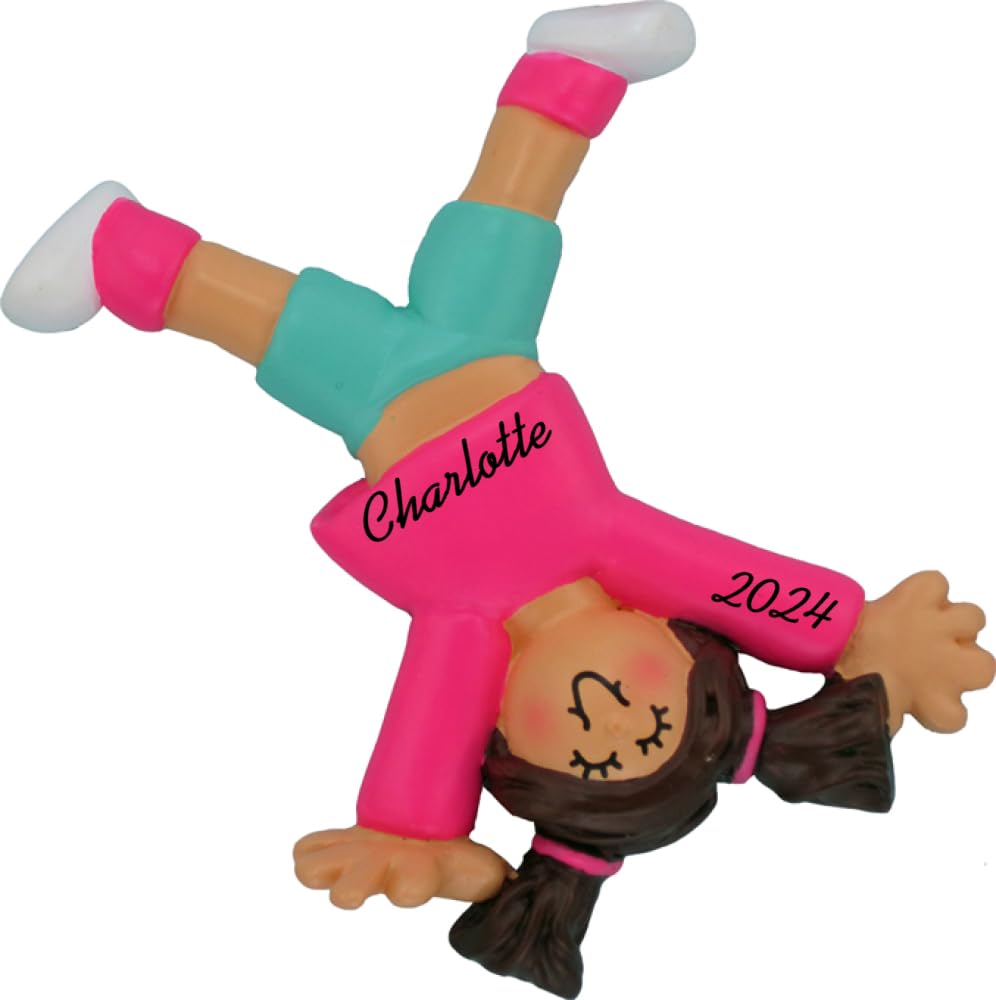 Tumbling Cartwheel Personalized Christmas Ornament - Girl - Brown Hair - Handpainted Resin - 3.25" Tall - Free Customization by Calliope Designs