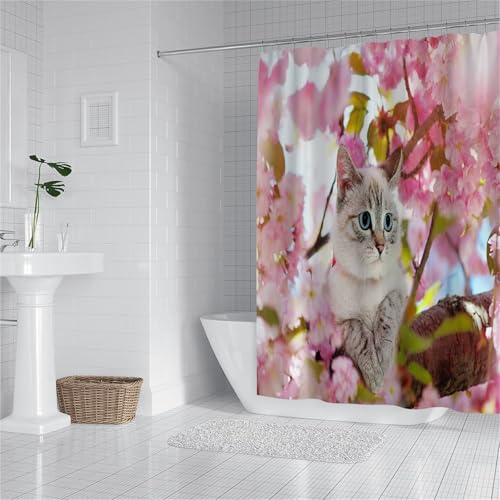 Rideau douche chat pour décoration salle de bain rose - 2
