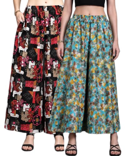 Image of Women Printed Palazzo Pants Combo Pack of 2, Comfortable Elastic Waist Lounge Pants for Women | Relaxed Fit, Loose Fitting Wide Leg Palazzo Pants, Casual Bottom (Available in S to 3XL Size)