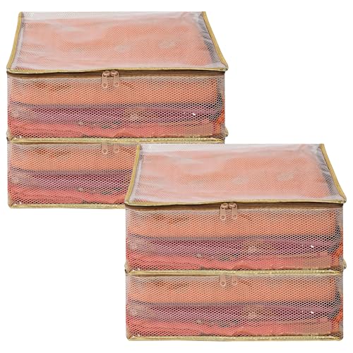 Image of Kuber Industries Pvc Pack Of 4 Saree Cover|Dress Packing Bags With Zip|Saree Pouches For Storage|Clothes Organizer For Wardrobe|Gold Lace|Transparent,30 * 22 Cm