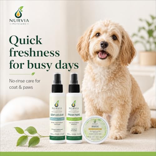 Image of Waterless Dog Grooming Kit by Nurvia Petcare | Dry Bath Spray + Perfume Mist + Paw Balm | Lemon Eucalyptus Aloe Vera Goat Milk | No Water No Rinse Travel-Friendly 3-in-1 | 100ml +100 ml + 15gm