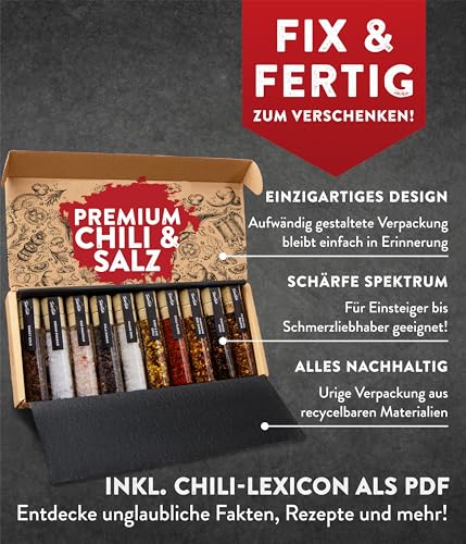 TIMBER TASTE® Scharfes Salz & Chili Gewürze Geschenkset [BIS 950.000 SCOVILLE] - Erlesene Salze & Chilli Gewürze aus aller Welt - Besonderes Gewürz Geschenk für Männer & Frauen - 10er Set