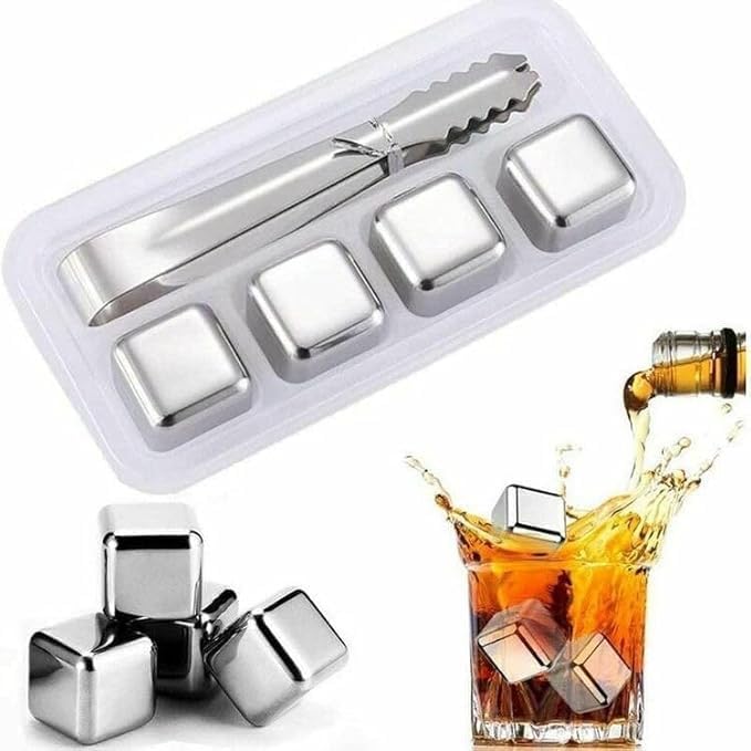 NitevoStainless Steel Whiskey Stones - Reusable Ice Cubes with Tongs & Container, Food-Grade Quick-Frozen Chilling Rocks for Whiskey, Wine, Vodka, Soda, Juices Gift for Drink Lovers (4 PCS Cubes)-image-19