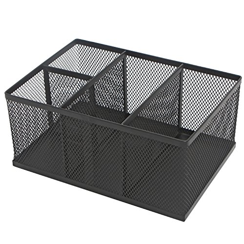 Modern Rectangular Black Metal Mesh 4 Compartment Office Supplies Storage Organizer Caddy Rack - MyGift