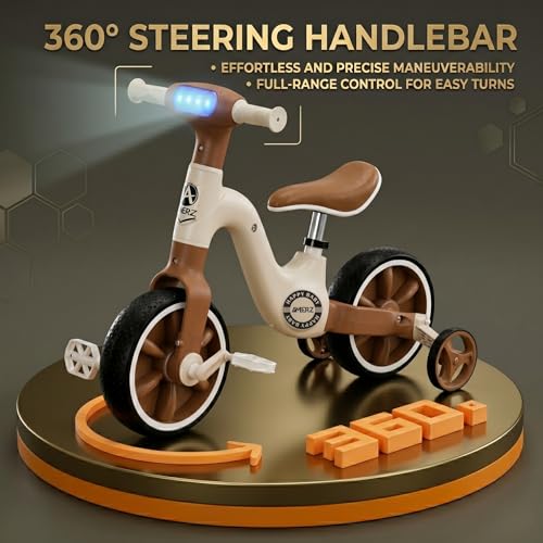 Image of Stardust 3-in-1 Tricycle for 2-5 Years - Kids Cycle for Boy & Girl - Convertible Balance Bike & Bicycle with LED Light, Music & Foldable Training Wheels - Ride On Toy (Brown)