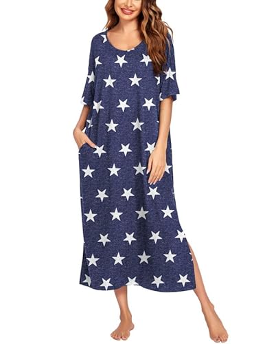 Ekouaer Camisola longa feminina de manga curta plus size com bolsos M-3GG, Estampa de estrela, G