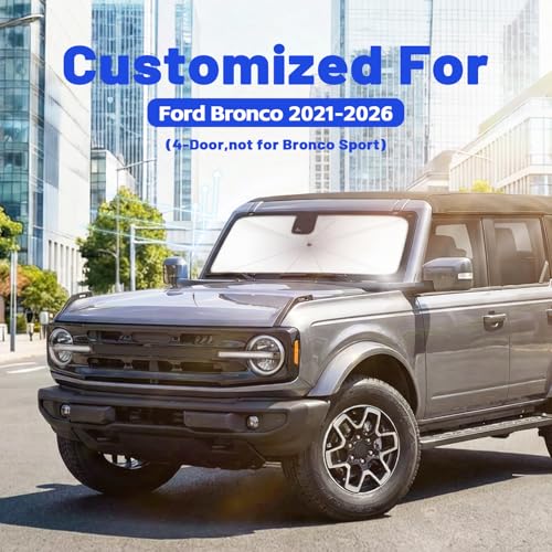 Image of Car Windshield Sun Shade for Ford Bronco 4-Door 2021-2026 (Not for Bronco Sport), Reflective Sunshade Umbrella for Front Window, Car Shades Sun Visor to Keep Car Cool and Protect Interior, Exact Fit