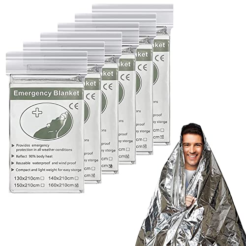 Emergency Blanket (6-Pack) ,Emergency Foil Blanket– 83″ x 63″ (210 x 160 cm) Survival Reflective Thermal Blanket Perfect for Outdoors, Hiking, Survival, Marathons or First Aid, Emergency Supplies