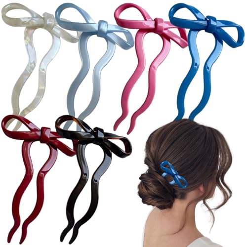 リボンヘアスティック アセテート ボウ ヘア フォーク フレンチヘアピン ヴィンテージ フレンチヘア 箸 U字型蝶結びヘアピン アセテート ツイスト ウェーブ ヘアクリップ バンズ レディース ガールズ 6個