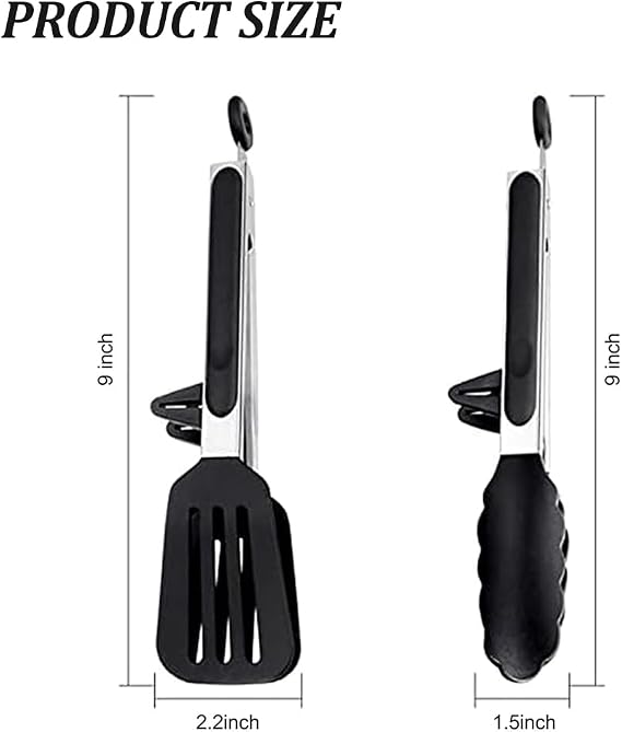 Kitchen Tongs with Padlock System | 9 Inch Silicone Tip Tongs | Non Stick for Air Fryer & Salad/Pasta | Kitchen Utensil Cooking Tongs Set of 2 | Food Grade Silicone Tong for Baking, Frying, Serving