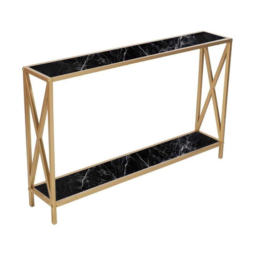 Nesfur Engineered Wood with Metal Base Console Table for Hall, Living Room, Bedroom, Balcony, Two Tier Console Table for Home Decor (Gold with Black Marble)-image-12