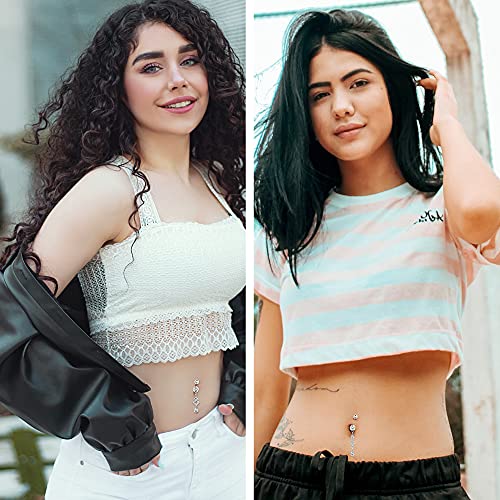 Florideco 7Pcs 14G Belly Button Rings Dangle 316L Surgical Steel Cz Navel Ring Barbell For Women Body Piercing Jewelry Silver/Gold/Rose Gold #TOP4