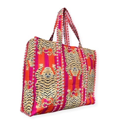 Bolso tote acolchado de algodón con estampado de tigre para mujer, bolso reversible de hombro, ligero para compras y viajes, regalo estilo jungla para ella | Sensación suave acolchada miniatura 2