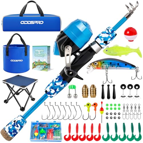 ODDSPRO Kids Fishing Pole - Portable Kids Fishing Rod and Reel Combo Kids Fishing Gear with Tackle Box Spincast Reel Collapsible Chair and Bucket Fishing Pole for Kids Boys Girls Toddler Youth 3+