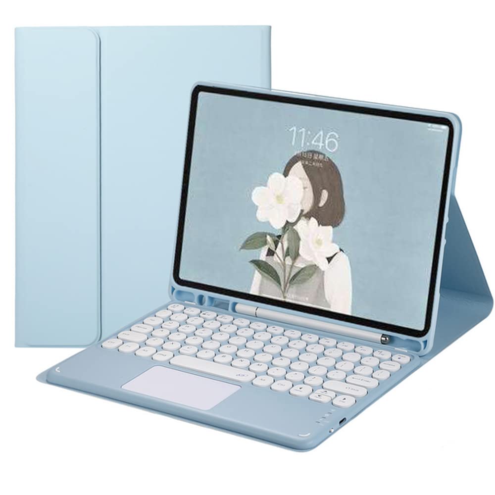 Étui clavier pour Galaxy Tab S8 / Tab S7 11" (modèle SM-X700/X706/T870/T875/T876), mignon clavier rond couleur tactile clavier et souris avec porte-stylet S, bleu