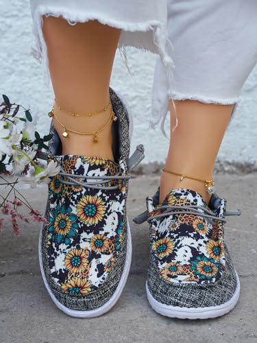 Unisex Casual Hey Loafers Canvas Sunflower Pattern Print Elastic Lace-up Comfortable & Light-Weight Slip-on Loafers Arch Support Walking Driving Basic Shoes for Women/Men/Adults/Teenagers,US Size 6-104
