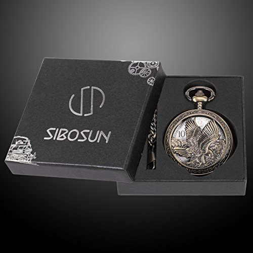 Image of SIBOSUN Eagle Design Pocket Watch with Chain Oversized 50MM 1.96 Inch Quartz Movement Arabic Numerals Half Hunter Cover Analog