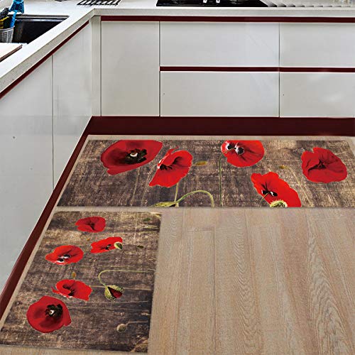 Victories 200507LLRARERUG2PCSSWXF03932MDDAVIS Kitchen Area Rug Pad Set 2 Piece-Non Slip Comfort Cushioned Doormat,Red Flower Poppy Vintage Wooden Texture Floor Mat Rug Runner Set Kitchen/Living Room/Bedroom Carpet thumb #1