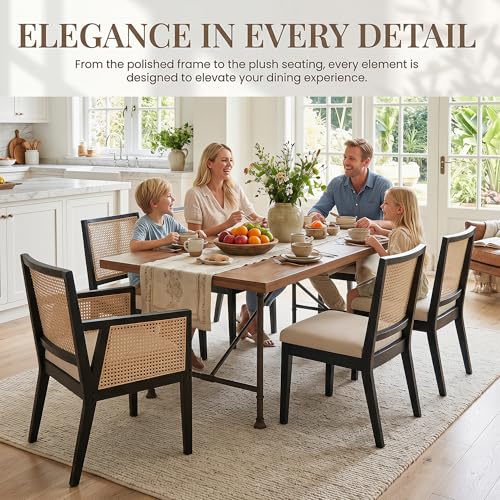 Image of HNY Farmhouse Rattan Dining Chairs with Arm Set of 2, Black Solid Hardwood Frame, Upholstered Linen Seat, Ergonomic Cane Back Dining Room Chairs for Kitchen, Dining Room, Apartment, Beige