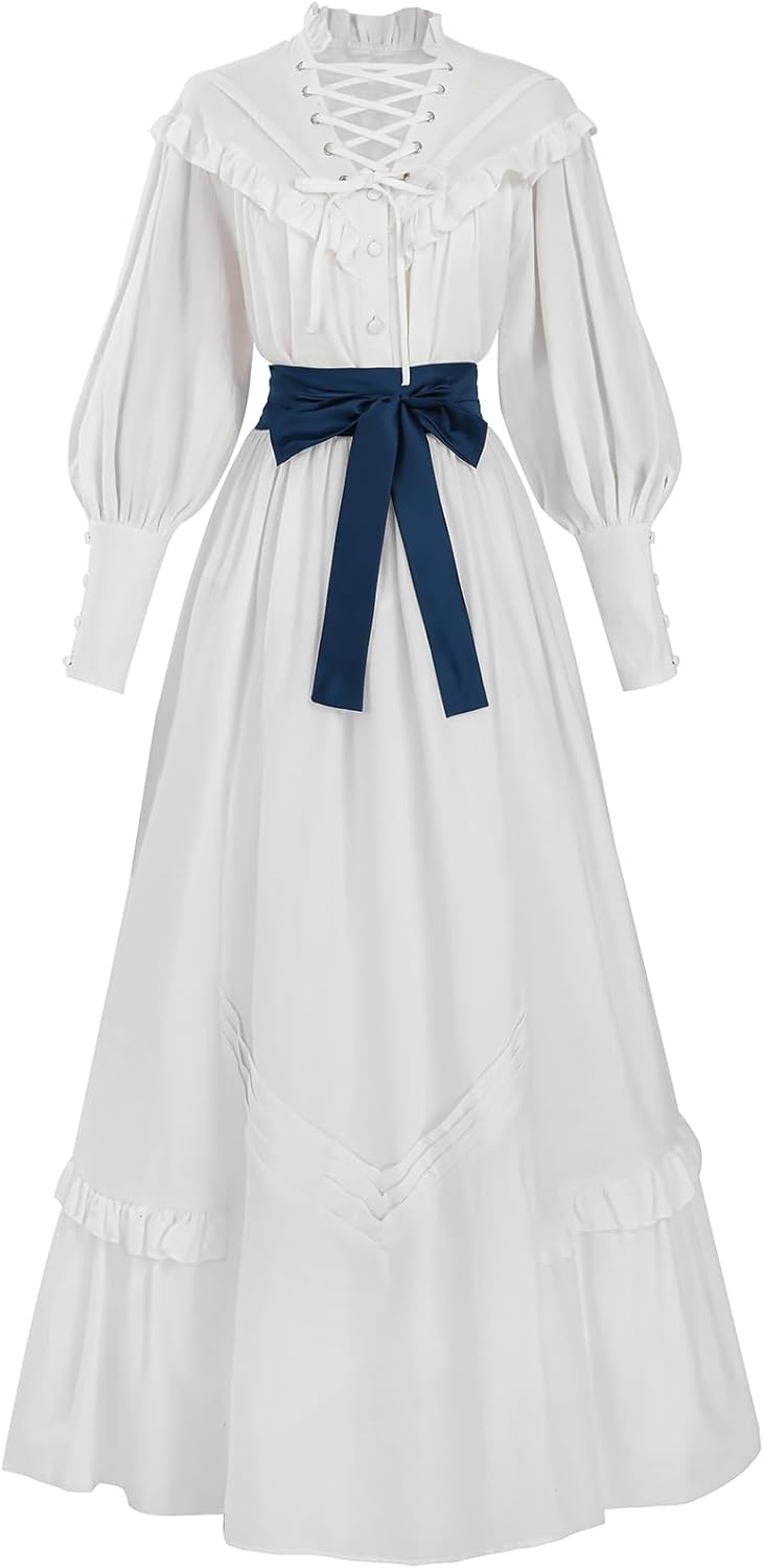FCCAM Victorian Dress for Women V-neck Edwardian Dress Renaissance Costume with Pockets