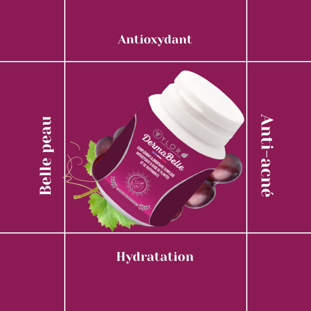 Antioxydant Puissant Beauté de la Peau| Poudre de Bardane + Extrait de Pépins de Raisin OPC et d’olive + Poudre de pétales de rose |60 Gélules Vegan | Anti imperfections bouton | Derma Belle