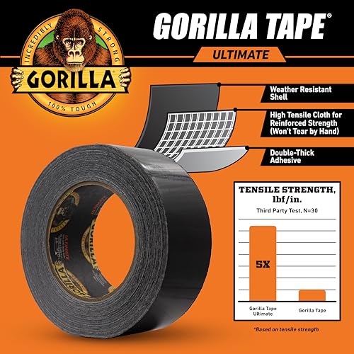 Image of Gorilla Ultimate Tape, High Tensile Cloth with Double-Thick Adhesive for Hauling, Strapping, Patching, Bundling, Lifting, 1.88 inch x 20yd, Black (Pack of 5)
