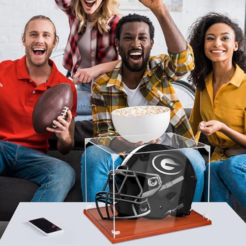 Image of Hooqict Football Helmet Display Case Acrylic Clear with Solid Wood Base UV Protected Full Size Football Helmet Case Display Holder Stand for Hockey Baseball Motorcycle Sports Collections