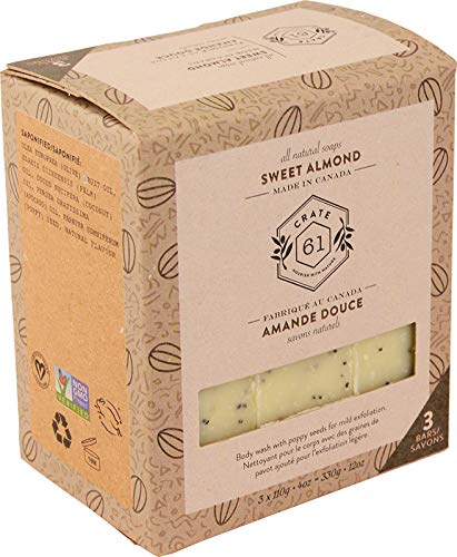 Crate 61 Almond Soap 3 pack, 100% Vegan Cold Process, scented with food grade natural flavors, for men and women, face and body. ISO 9001 certified manufacturer