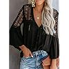 Canikat Women's Fashion Fall Bell Long Sleeve Button Down Tops V Neck Lace Hem Basic Tee Shirts Chiffon Flowy Blouses Black L