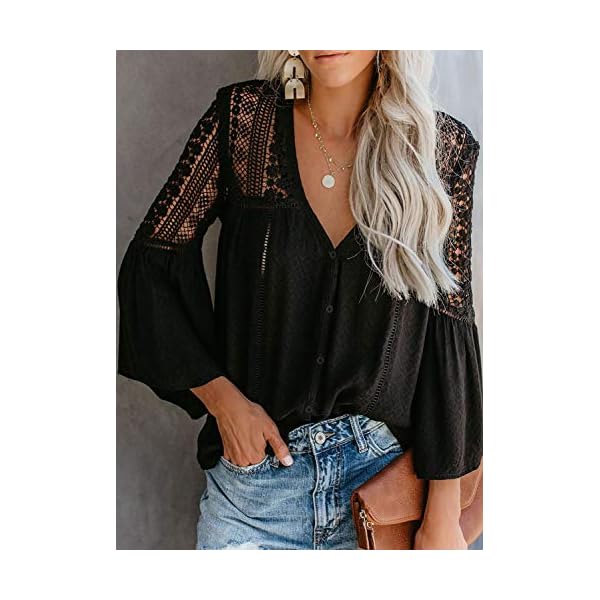Canikat Women's Fashion Fall Bell Long Sleeve Button Down Tops V Neck Lace Hem Basic Tee Shirts Chiffon Flowy Blouses Black L