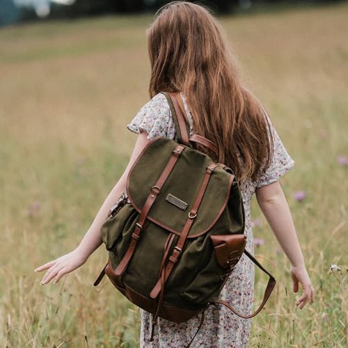 Foto von DRAKENSBERG Rucksack 'Henry' aus Canvas, Leder für Herren, Damen, Wanderruck im alpinen Vintage-Design, 30L - Oliv-Grün, DR00127