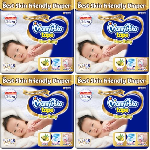 Image of Mamypoko New Baby| Tape Style Baby Diapers, 48 Count, 3-5kg||2x Instant Absorption| Soft stretchy fit |Natural Extracts for Nourishment | Loose Stool Stopper, Wetness Indicator (Pack of 4)