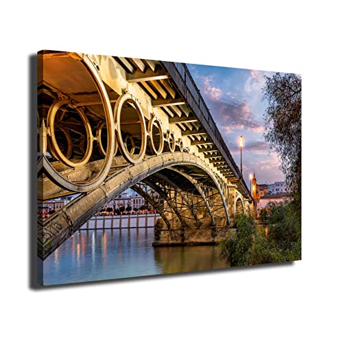 INGENIA HOME Cuadro lienzo canvas Vista puente de Triana de Sevilla luces del atardecer Andalucia España - Alta resolución – Varias medidas (60_x_40_cm)