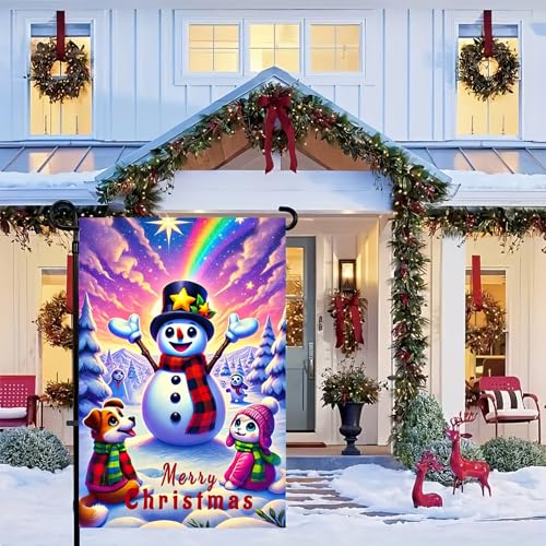 Image of BlissYard Christmas Snowman Garden Flag 12x18 Inch Winter Holiday Scene with Colorful Sky Cute Snowman Friends Festive Outdoor Yard Banner for Home Lawn Porch Patio Seasonal Welcome Decor