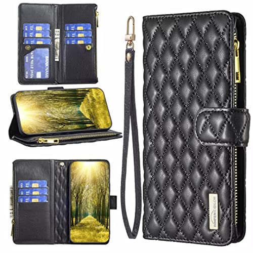 TTVV für iPhone 13 Mini Reißverschluss Hülle,Retro Rhombus Brieftasche Geldbörse Handtasche Armband Flip Magnetisch 9 Kartenhalter Ständer PU Leder Cover Cover