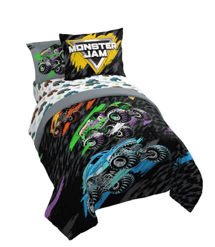 Monster Jam Trucks Twin Comforter Set 5 Piece Kids Bedding for Boys Black