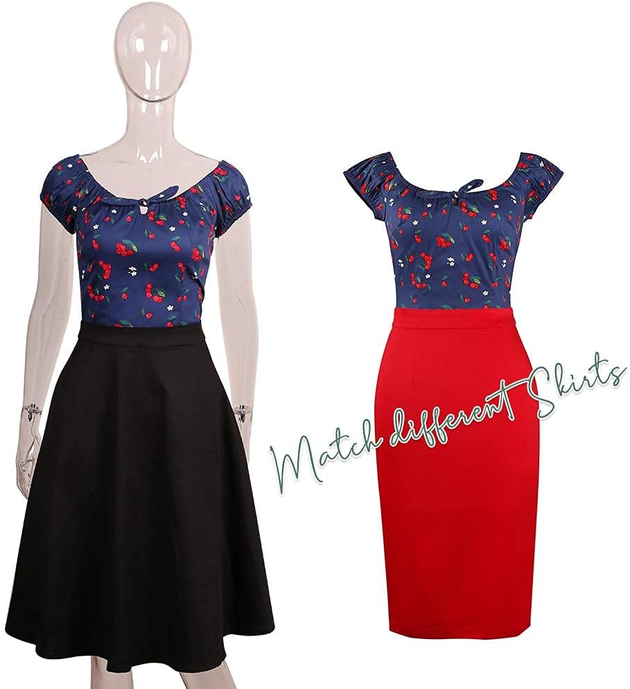 YARN & INK Women's Pinup Shirt 1950s Vintage Rockabilly Puff Sleeve BowBlouse Off Shoulder Tops - Image 7