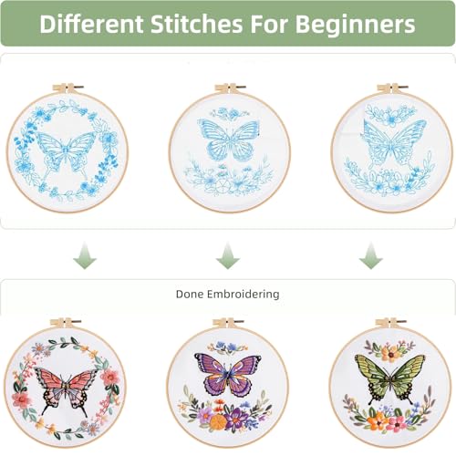 Image of GLTAYLMY Butterfly Embroidery Kit for Beginners Adults, 3 Sets Hand Embroidery Starter Kit with Flower Pattern and Instructions Stamped Cross Stitch Kits Include Embroidery Hoop Needles Threads