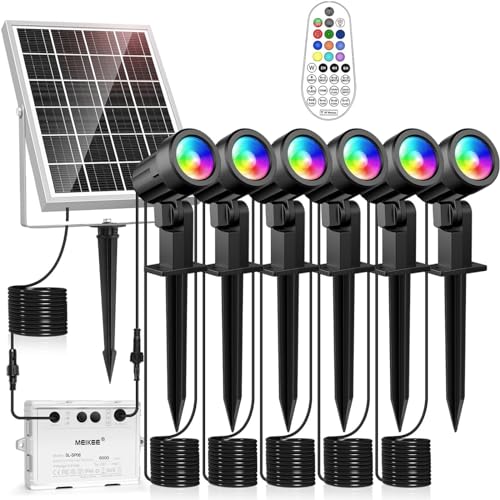 MEIKEE Spot Solaire Exterieur, 6 En 1 RGB Projecteur Solaire Exterieur avec Télécommande, 10 Couleurs 12 Modes Changement de Couleurs Étanche IP66 Lampe...