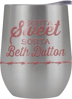 Yellowstone Official Sort Sweet Beth 12 OZ Silver Stemless Wine Tumbler, Stainless Steel Travel Cup|Lake Tumbler|Insulated with Leak Resistant Slide-Lock Lid